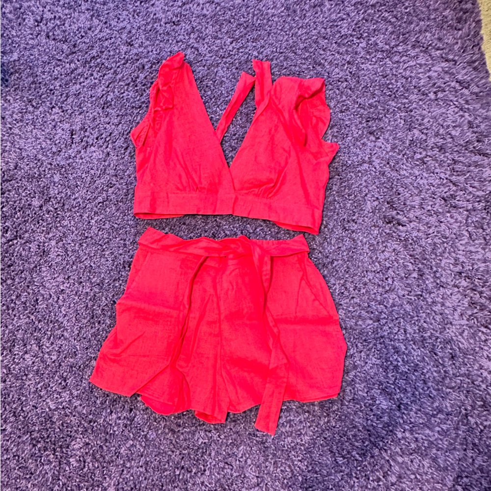 Red ruffle crop top and shorts set from shop in Italy